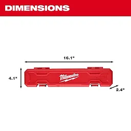 Red storage case for 3/8” Drive Click Torque Wrench (20-100 ft·lbf) with dimensions labeled: 18.11" x 4" x 2.4".