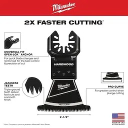 Milwaukee 2-1/2" HCS Japanese Tooth Pro-Curve Hardwood Multi-Tool Blade. Features include fast blade changes, precision cuts, and smooth finish.