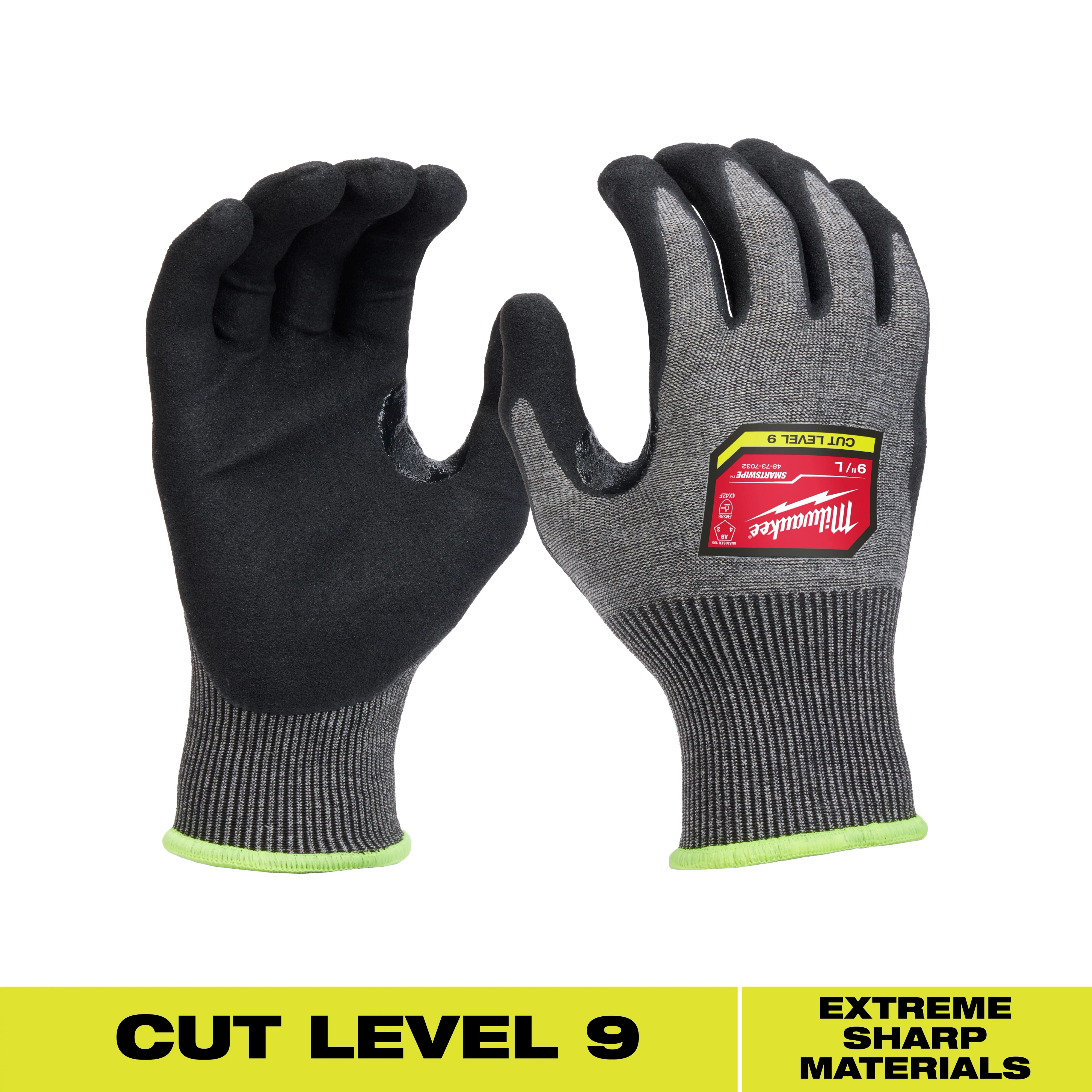 Cut Level 9 High-Dexterity Nitrile Dipped Gloves with black palms and gray backs, displayed with an ANSI A9 cut level shield icon.