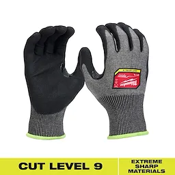 Cut Level 9 High-Dexterity Nitrile Dipped Gloves with black palms and gray backs, displayed with an ANSI A9 cut level shield icon.