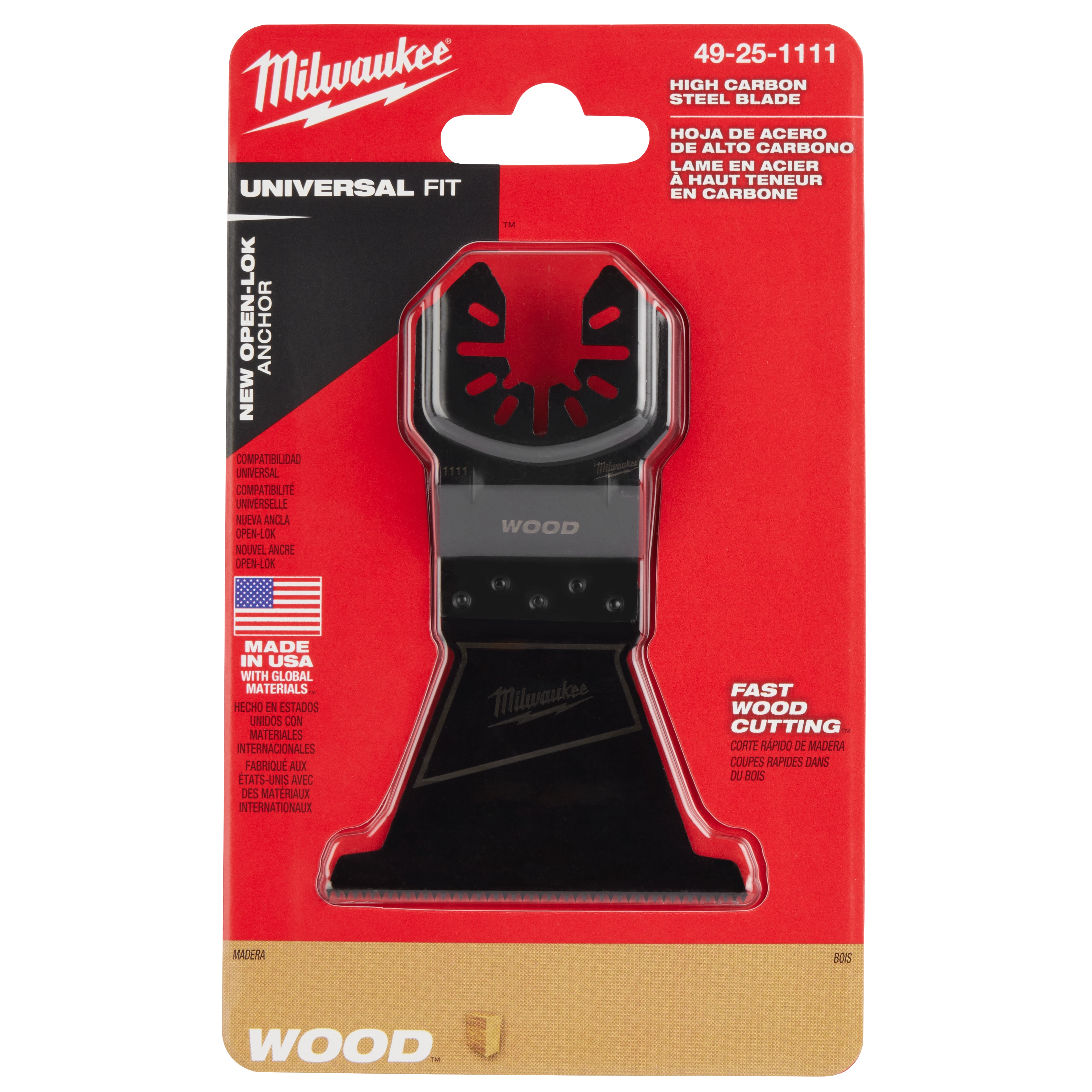 MILWAUKEE OPEN-LOK 2-1/2" HCS Wood Multi-Tool Blade in packaging, designed for fast wood cutting with universal fit.