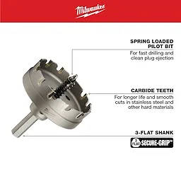 The 2%201%2F2 in. Carbide Hole Cutter (1 Pack) features a spring-loaded pilot bit, carbide teeth for smooth cuts in hard materials, and a 3-flat shank for secure grip.