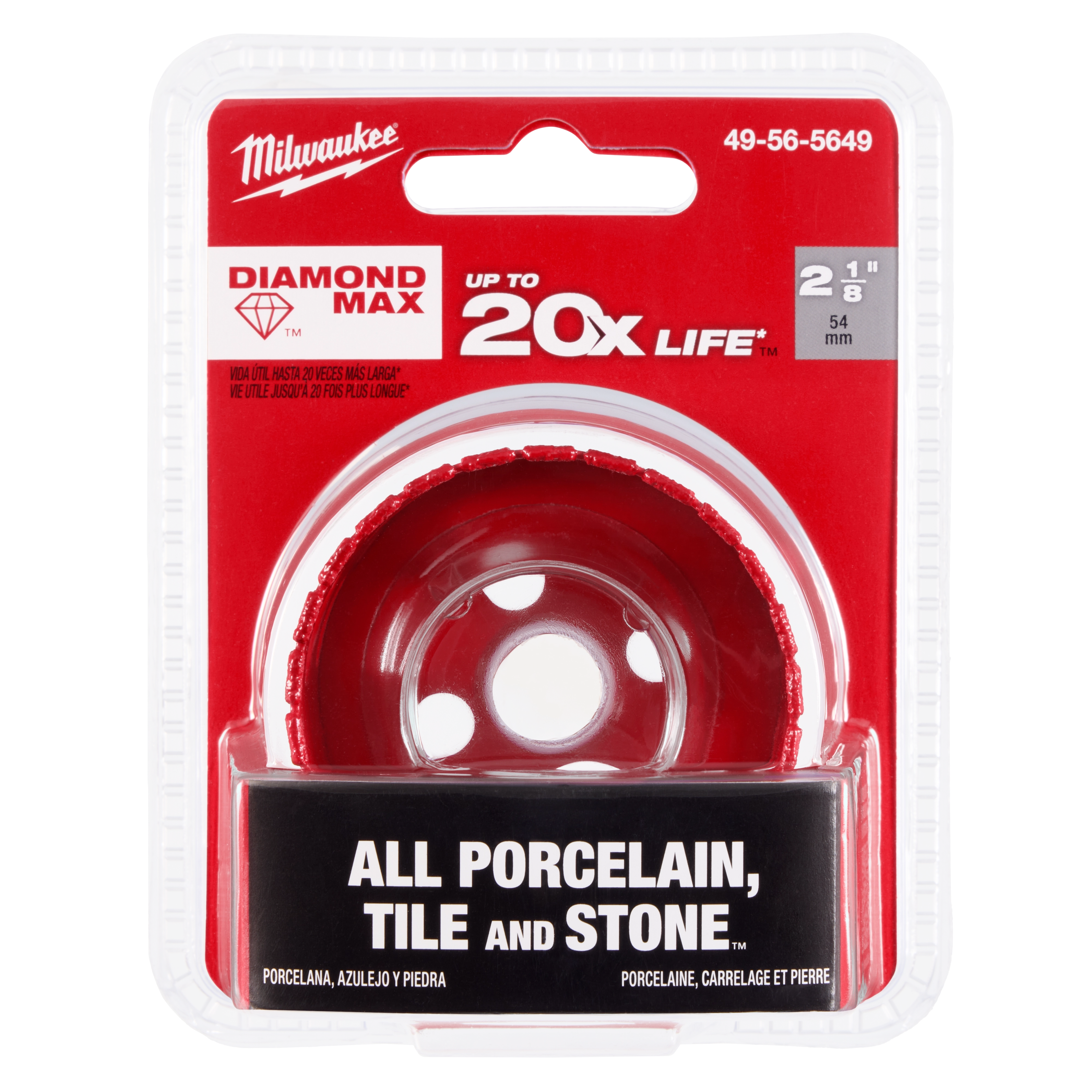 Milwaukee 2-1/8" Diamond Max Hole Saw is packaged in a clear plastic case, suitable for cutting porcelain, tile, and stone.