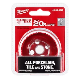 Milwaukee 2-1/8" Diamond Max Hole Saw is packaged in a clear plastic case, suitable for cutting porcelain, tile, and stone.