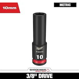 SHOCKWAVE 3/8 in. Drive 10mm Deep 6 Point Impact Socket 1 Pack. Black with a red base, 10mm marking, and six-point opening for impact duty usage, shown with Milwaukee branding.