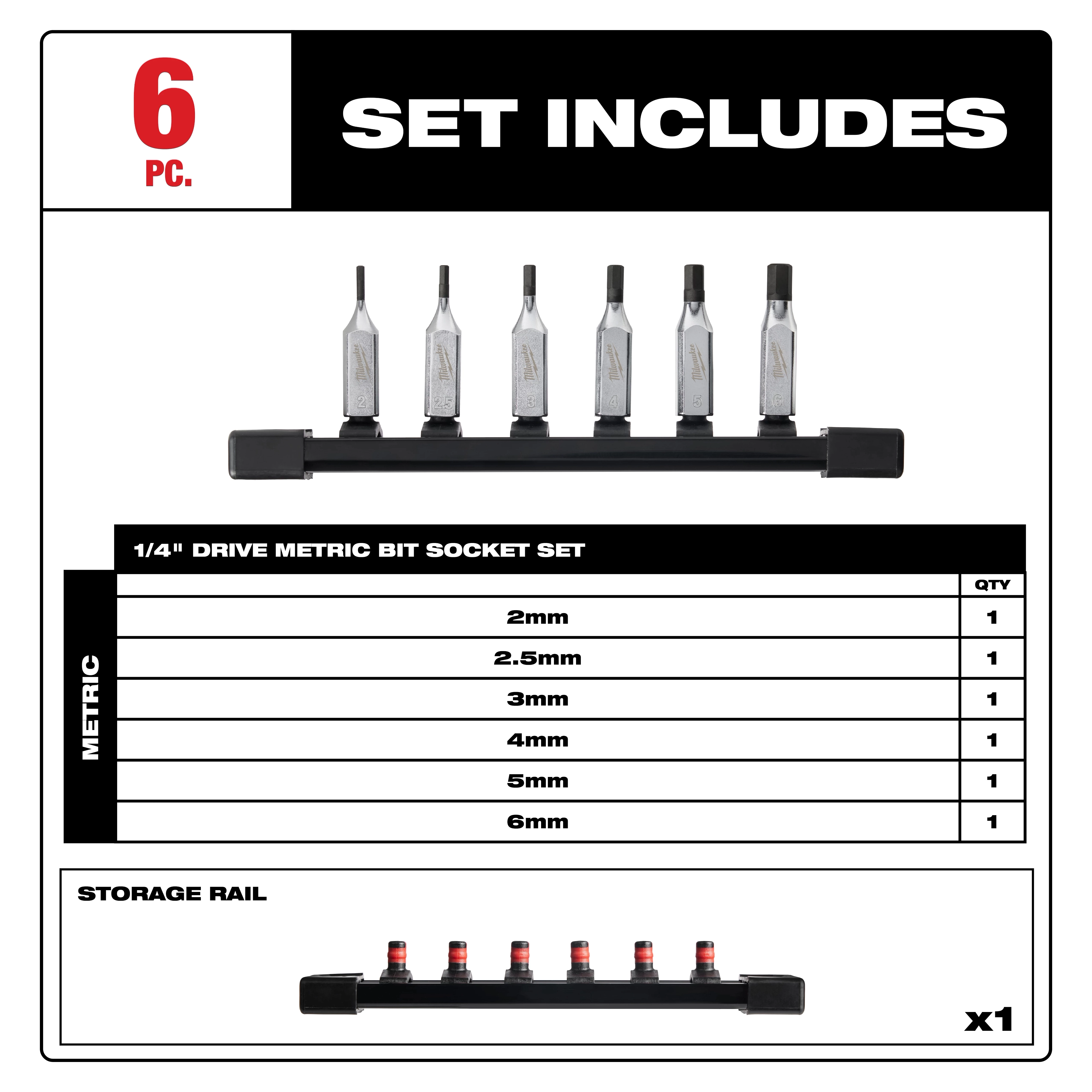 6pc 1/4” Drive Hex Bit Socket Set - Metric