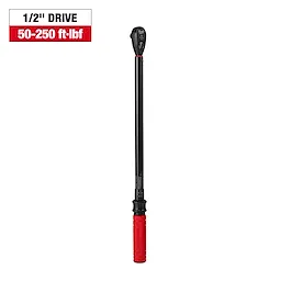 1/2" Drive Click Torque Wrench with a 50-250 ft·lbf range. The wrench has a red handle and a long black shaft.
