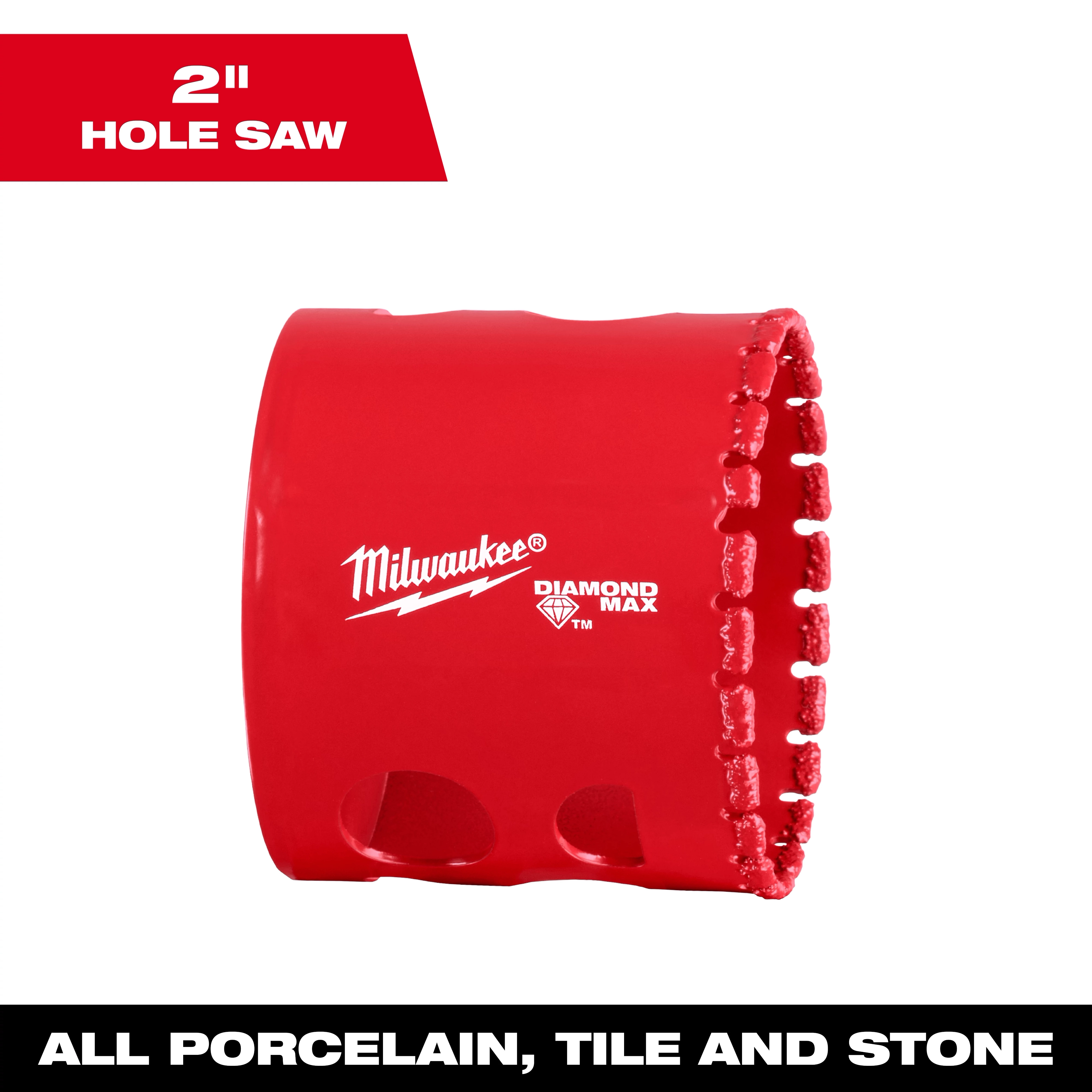 Milwaukee 2" Diamond Max Hole Saw with a red cylindrical body and serrated edge, suitable for cutting porcelain, tile, and stone.