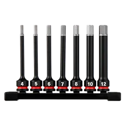 7PC SHOCKWAVE Impact Duty 3/8" Drive 4" Hex Metric Bit Socket Set arranged on a black holder.