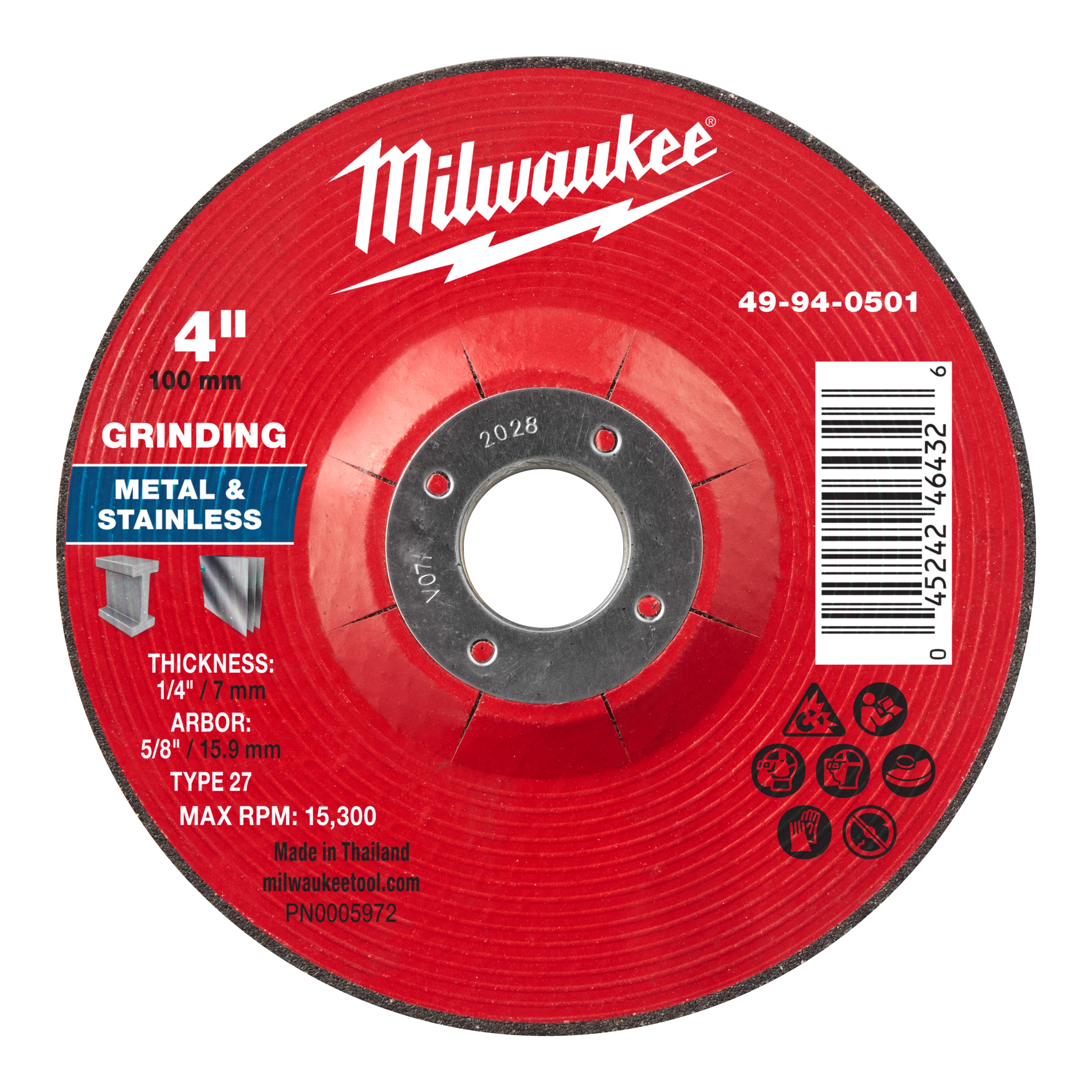 Red, circular Metal Grinding Wheel, Type 27, measuring 4"x 1/4" x 5/8" with a central hole and text detailing specifications.
