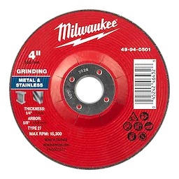 Red, circular Metal Grinding Wheel, Type 27, measuring 4"x 1/4" x 5/8" with a central hole and text detailing specifications.