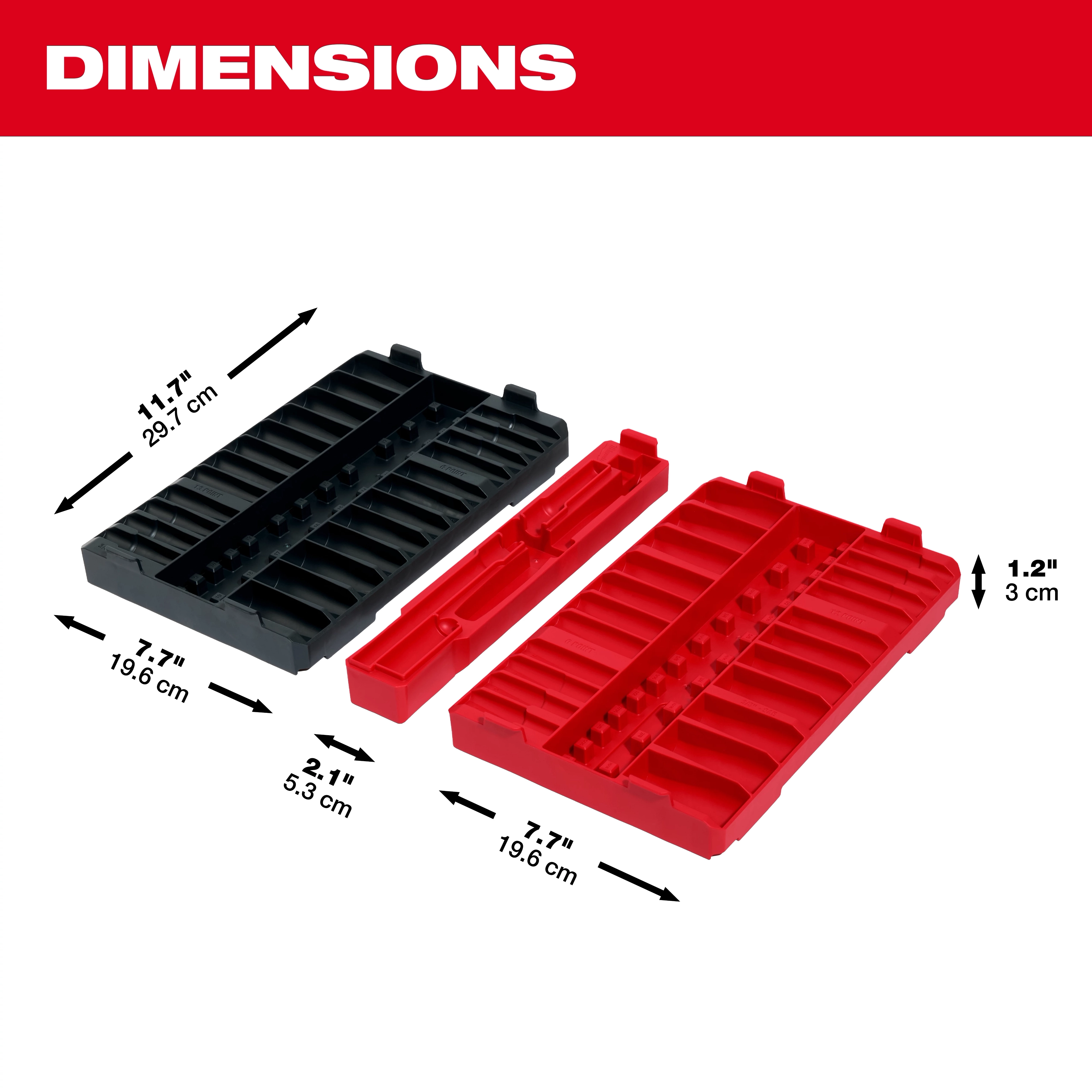 Image of the 98pc 3/8" 6-Pt and 12-Pt Metric & SAE Ratchet & Socket Set with PACKOUT™ Low-Profile Organizer showing dimensions. The black tray is 11.7” by 7.7”, the red tray is 7.7” by 7.7”, and the small red tray is 2.1” by 7.7”, all with a height of 1.2”.