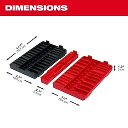 Image of the 98pc 3/8" 6-Pt and 12-Pt Metric & SAE Ratchet & Socket Set with PACKOUT™ Low-Profile Organizer showing dimensions. The black tray is 11.7” by 7.7”, the red tray is 7.7” by 7.7”, and the small red tray is 2.1” by 7.7”, all with a height of 1.2”.