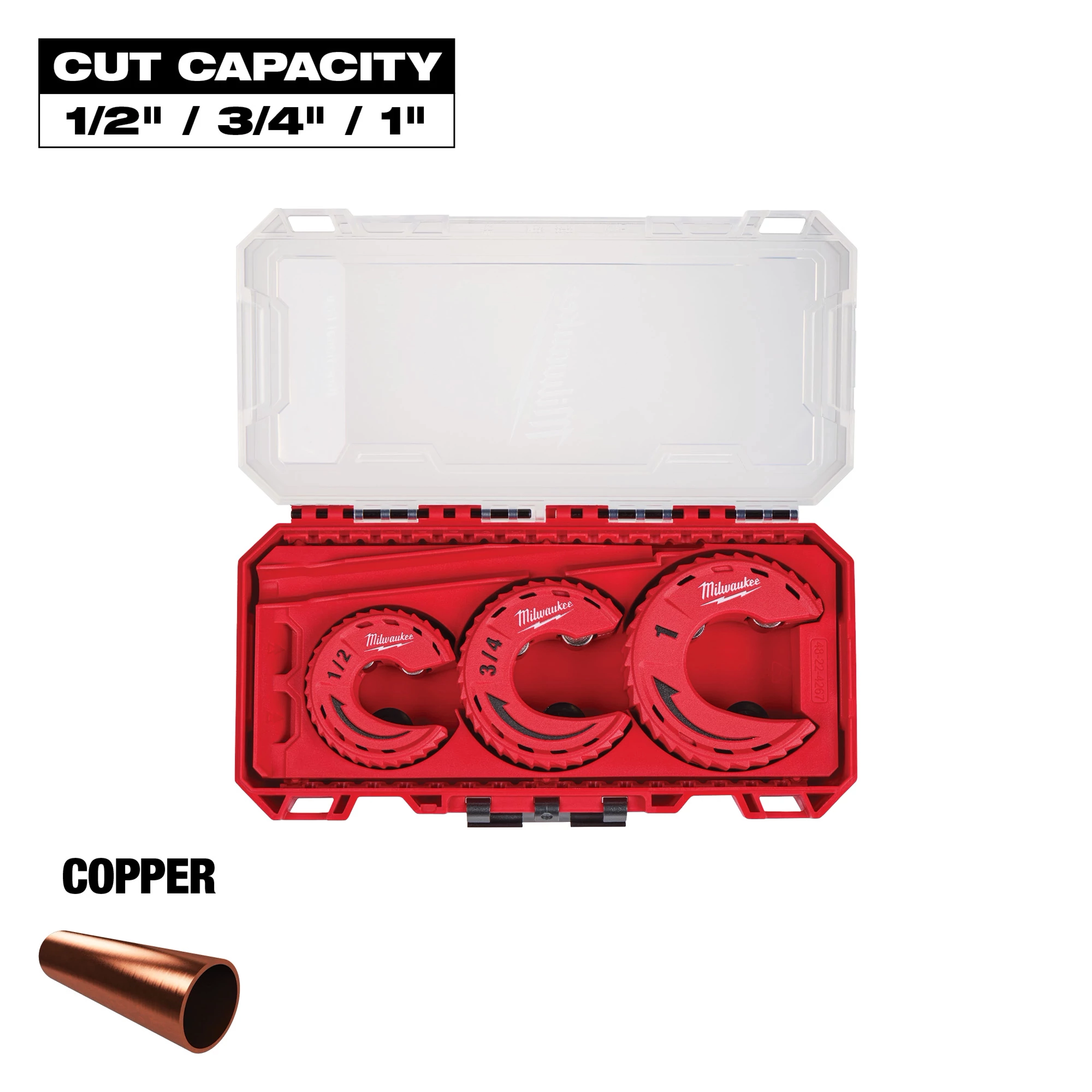 Milwaukee Copper Tubing Cutters set includes three red cutters for 1/2-inch, 3/4-inch, and 1-inch copper pipes. The cutters come in a durable red plastic case with a transparent lid.