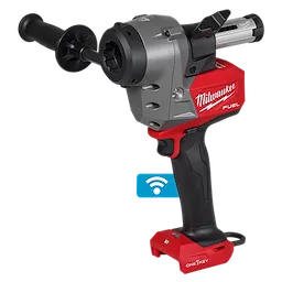 The M18 FUEL™ Covered Conductor Cable Stripper by Milwaukee is a cordless power tool with a red and black body, a side handle for stability, and a blade guard. The image includes an icon indicating wireless connectivity.