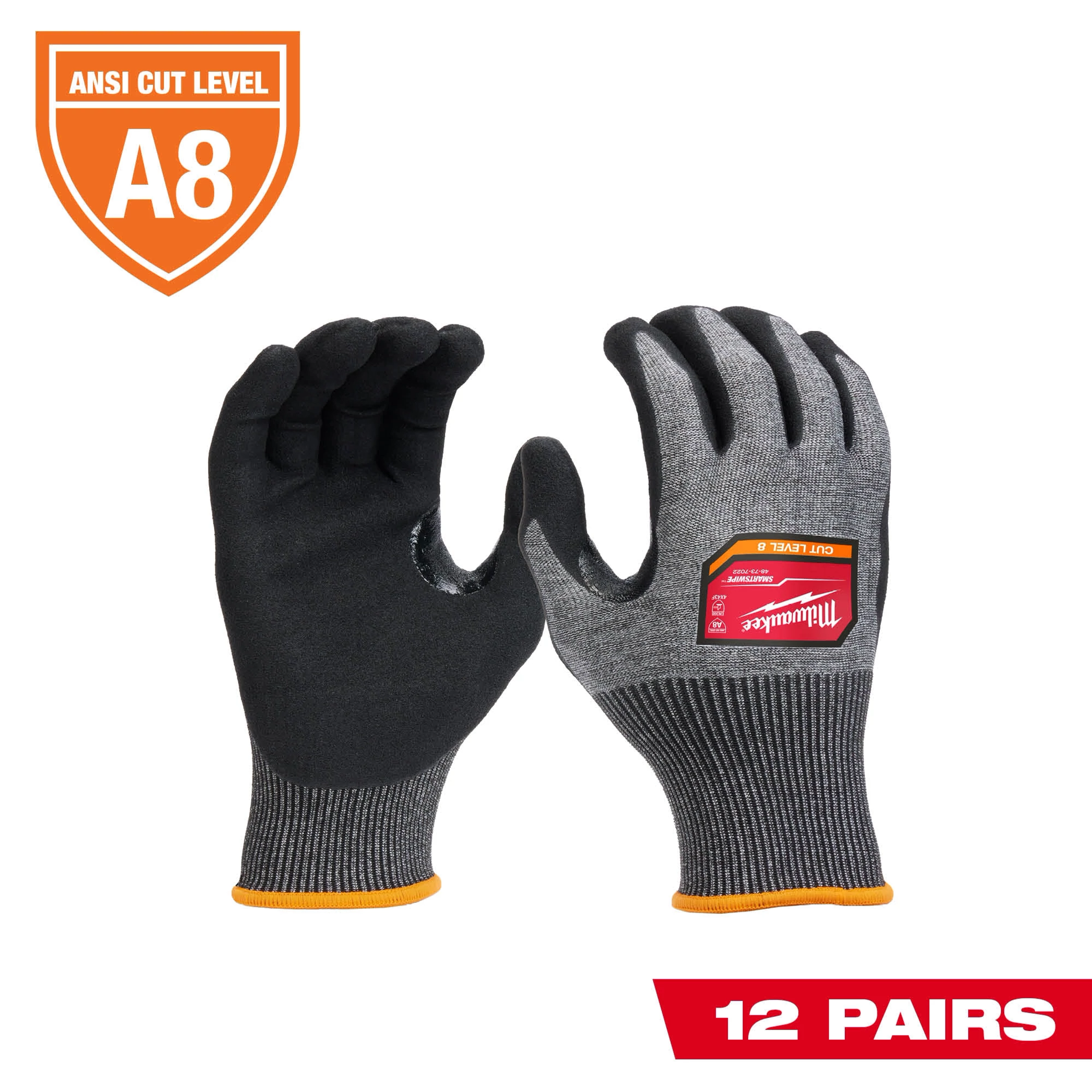 12 Pairs Cut Level 7 High-Dexterity Nitrile Dipped Gloves with ANSI Cut Level A8 rating, featuring black palms and grey knit fabric.