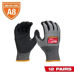 12 Pairs Cut Level 7 High-Dexterity Nitrile Dipped Gloves with ANSI Cut Level A8 rating, featuring black palms and grey knit fabric.