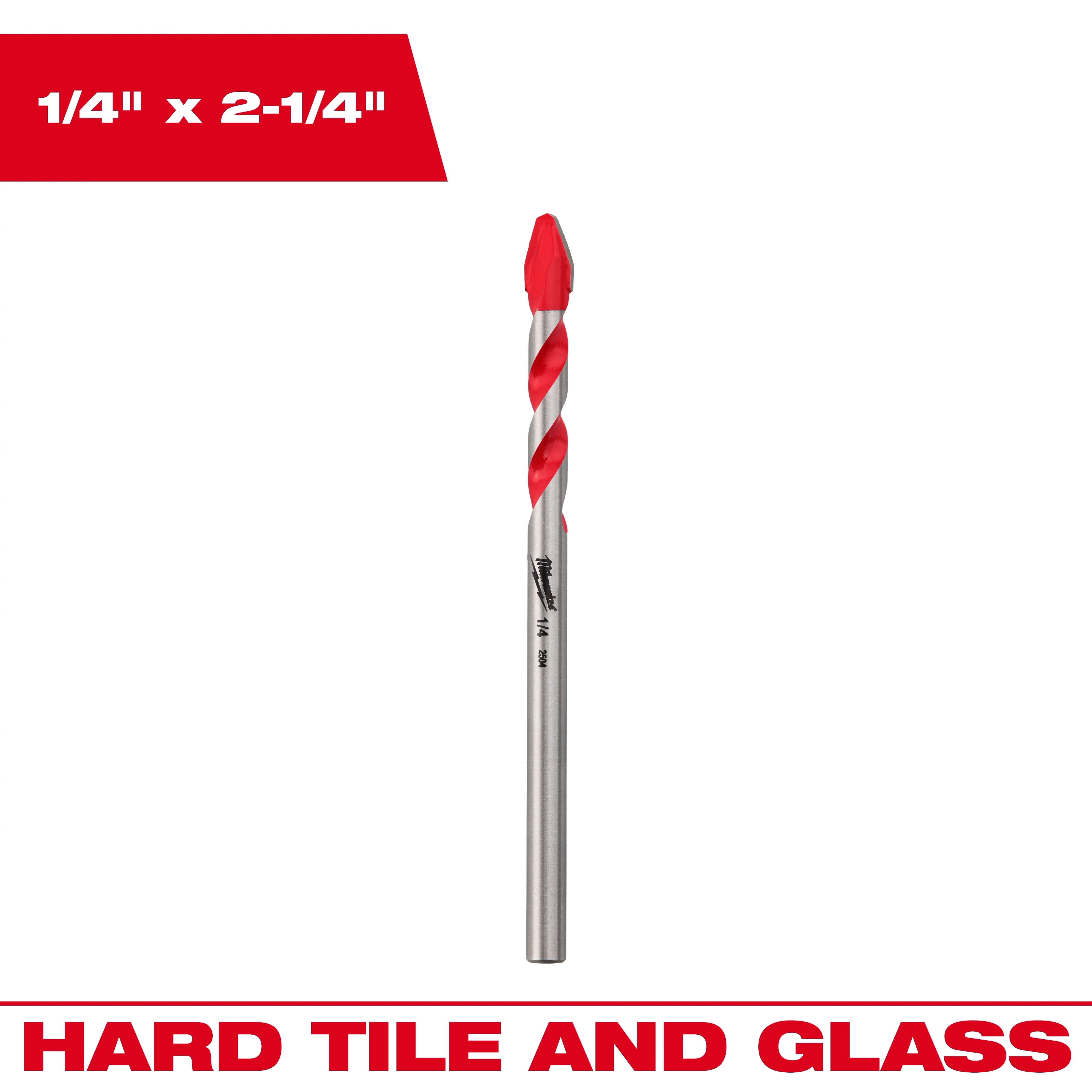 1/4" Hard Tile and Glass Bit with red spiral tip and text labels on a white background.