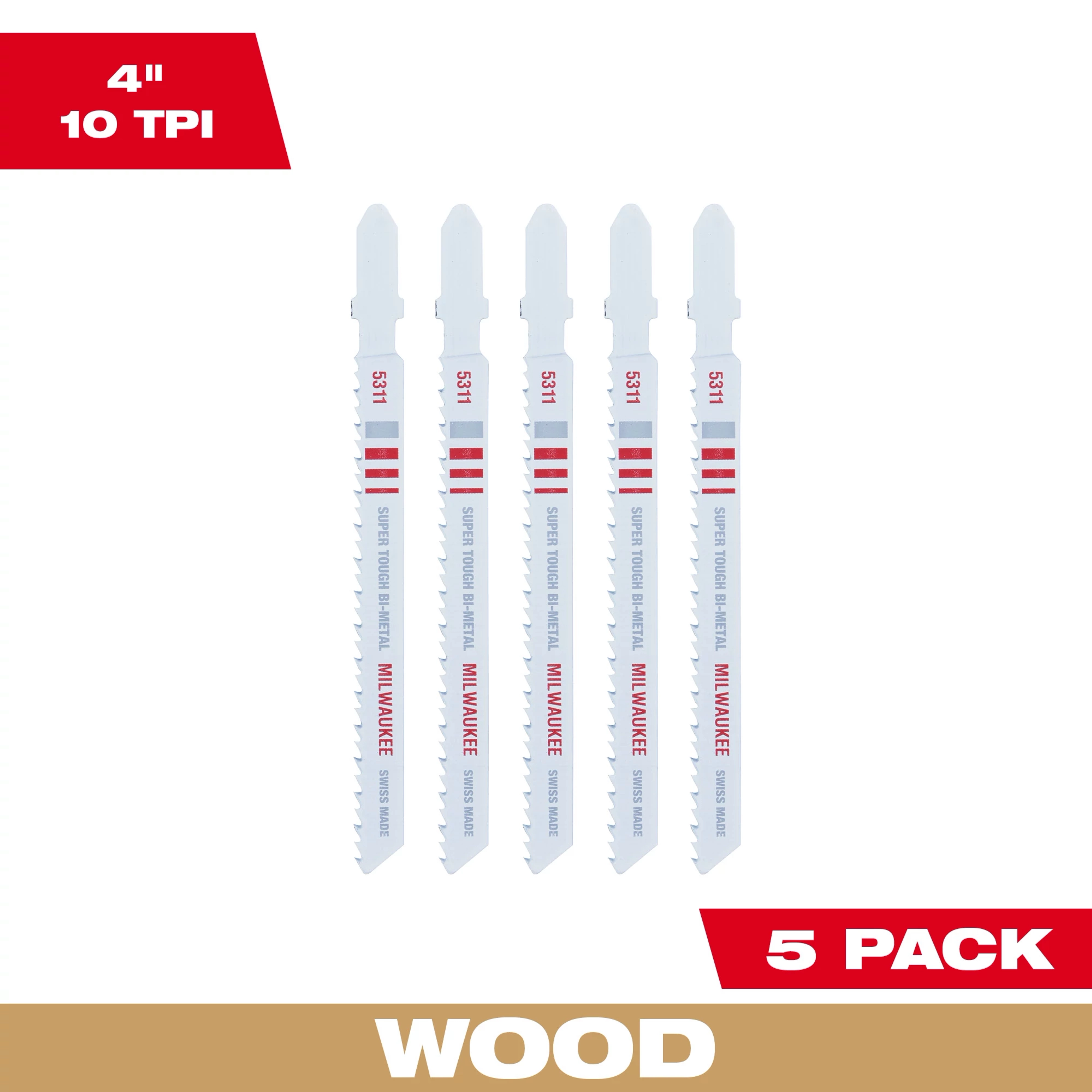 4" 10TPI T-Shank Wood Bi-Metal Jig Saw Blades 5PK, featuring five white and red jig saw blades designed for wood cutting.