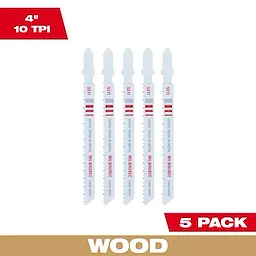 4" 10TPI T-Shank Wood Bi-Metal Jig Saw Blades 5PK, featuring five white and red jig saw blades designed for wood cutting.