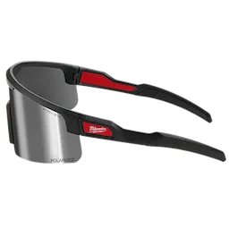 Polarized Wrap Around Safety Glasses feature mirrored dual coat lenses and black and red frame accents. Designed for protection and style, the glasses offer UV resistance with a comfortable fit. The brand logo is located on the sides of the frame, next to the lenses marked "POLARIZED."