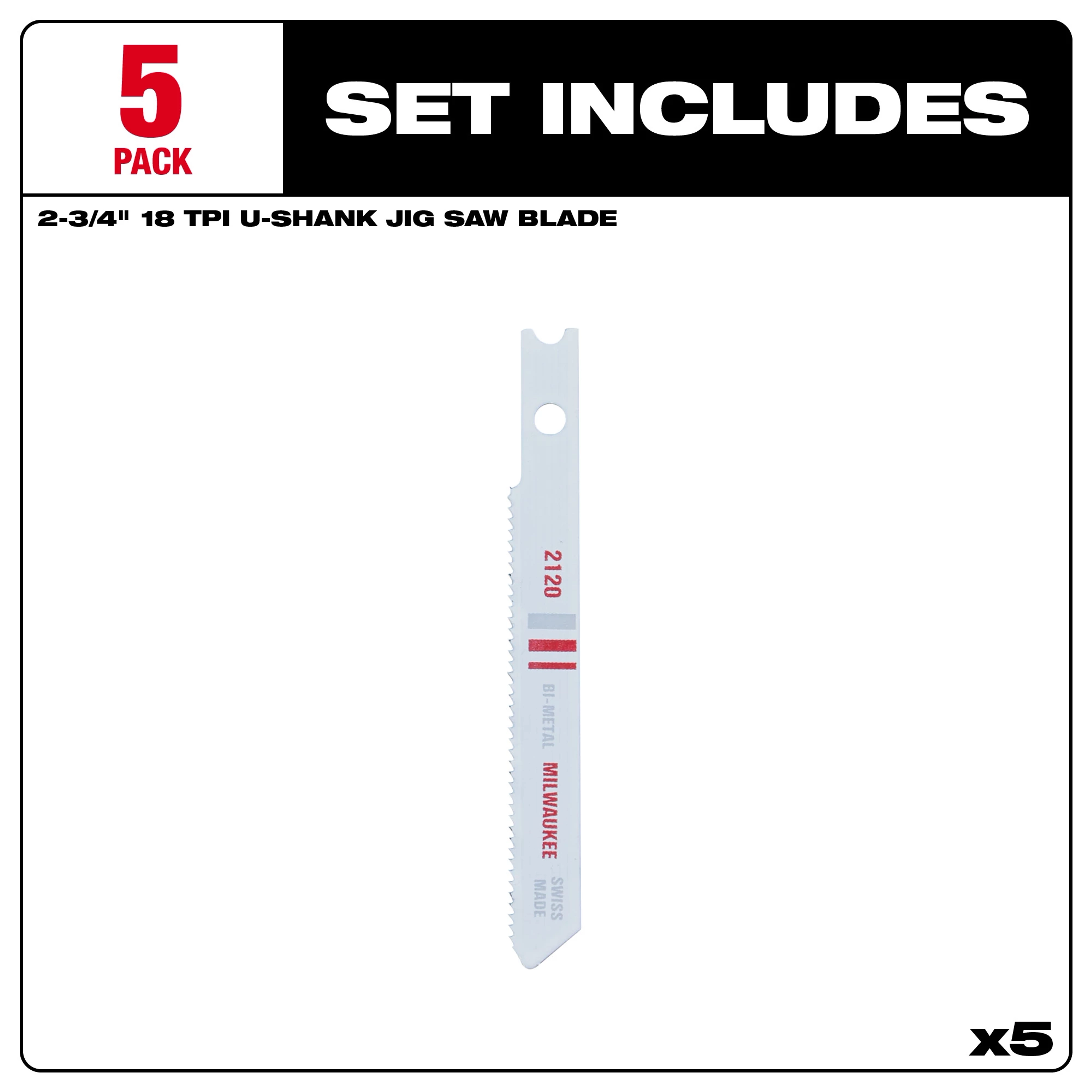 Set includes five 2-3/4" 18TPI U-Shank metal cutting bi-metal jig saw blades. Single blade displayed with specifications printed on it.