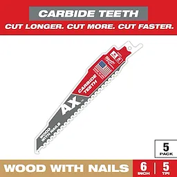 The Sawzall Bi-Metal Carbide Primary Images displays a 6-inch blade with carbide teeth designed for cutting wood with nails. The packaging highlights "Cut Longer. Cut More. Cut Faster." and contains 5 blades. The blade features the United States flag and text indicating its quality and durability.