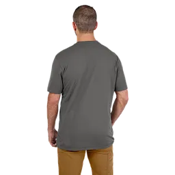 Man wearing a Heavy Duty Pocket T-Shirt in gray, viewed from the back, paired with light brown pants.