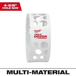 4-5/8" Hole Dozer Bi-Metal Hole Saw features a white body with jagged cutting teeth and holes throughout.