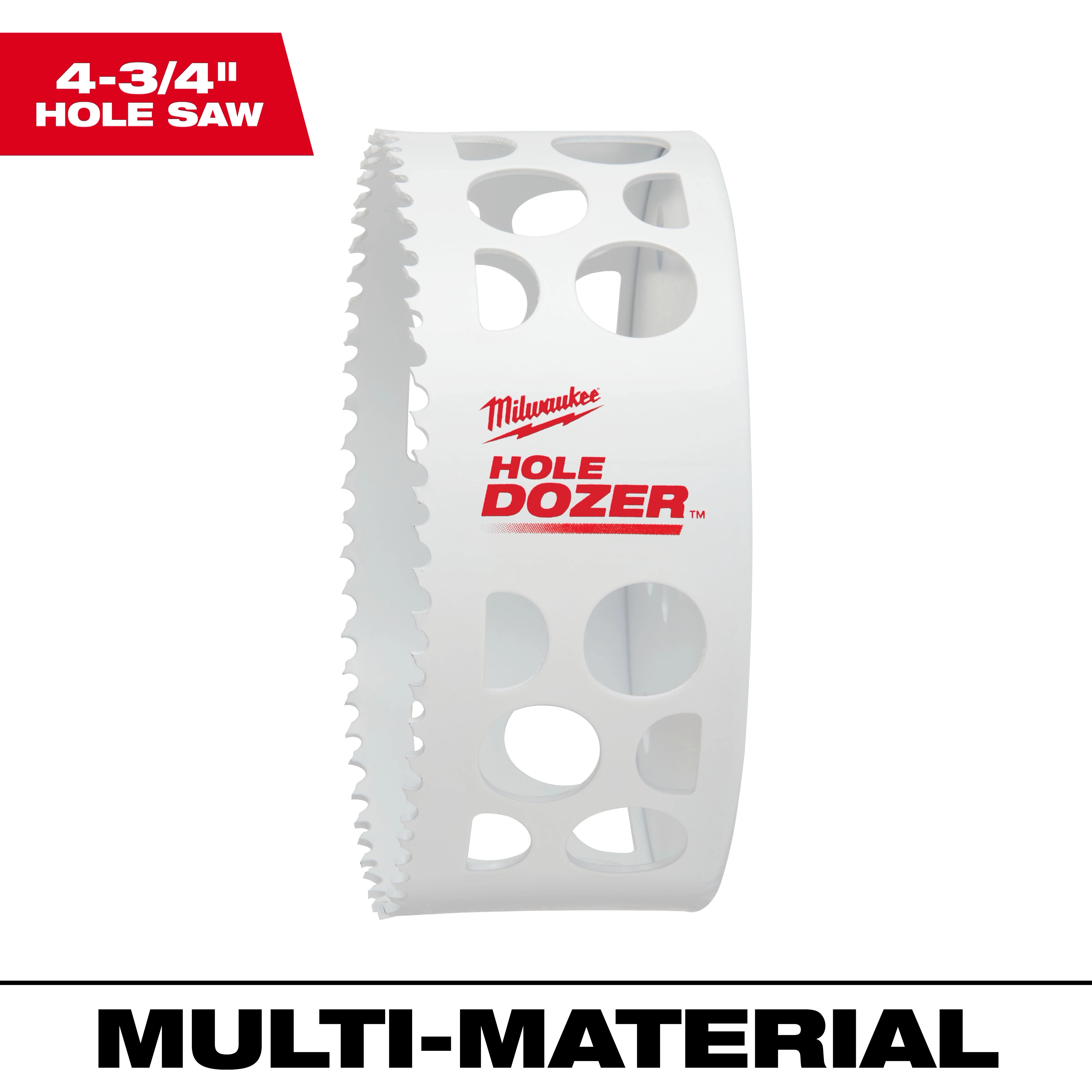 4-3/4" Hole Dozer Bi-Metal Hole Saw with white body, red branding, and multiple circular cutouts, designed for multi-material cutting.