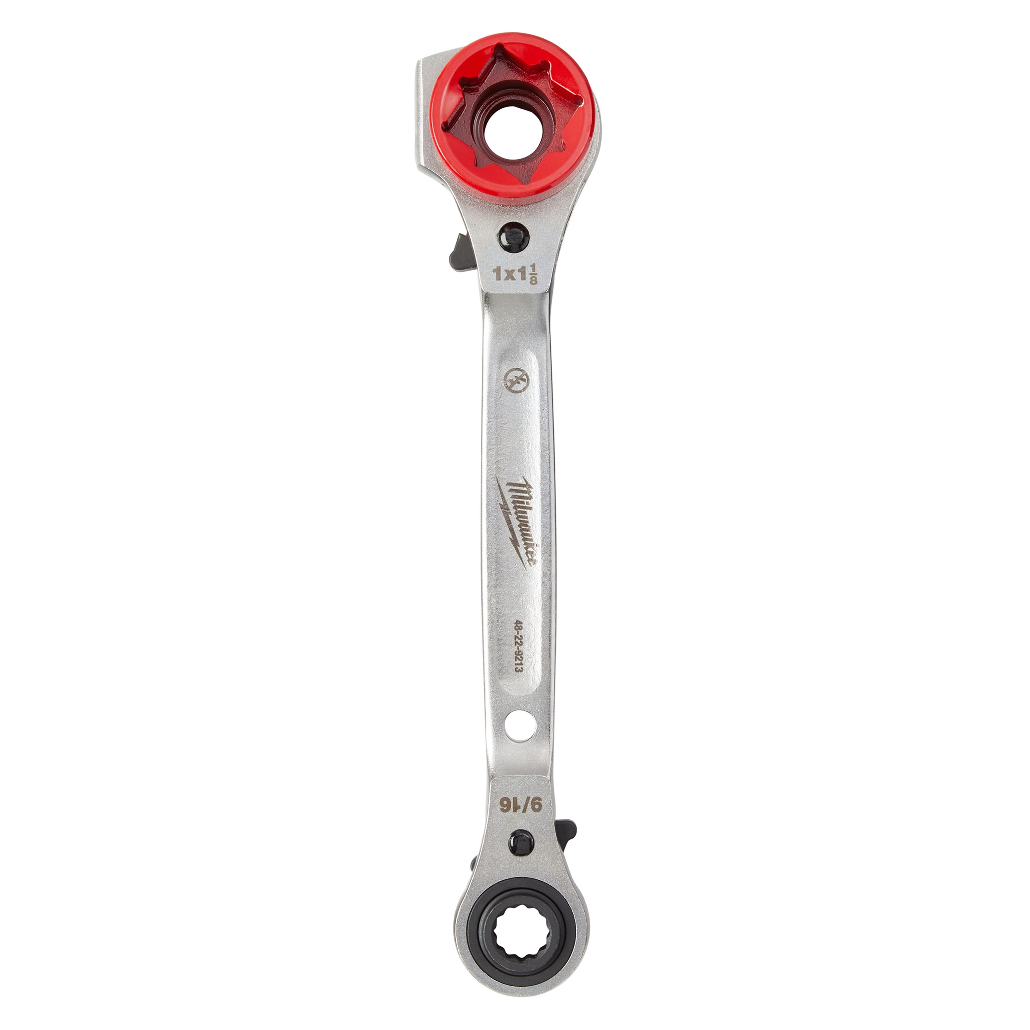 Lineman's 5-in-1 Ratcheting Wrench with a dual-sided ratcheting mechanism and ergonomic handle, featuring a red and silver finish.