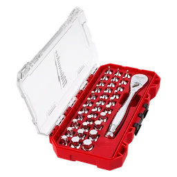 34pc 1/4” Drive Ratchet & Low-Profile Bit Socket Set in an open red case with organized sockets and a ratchet handle.