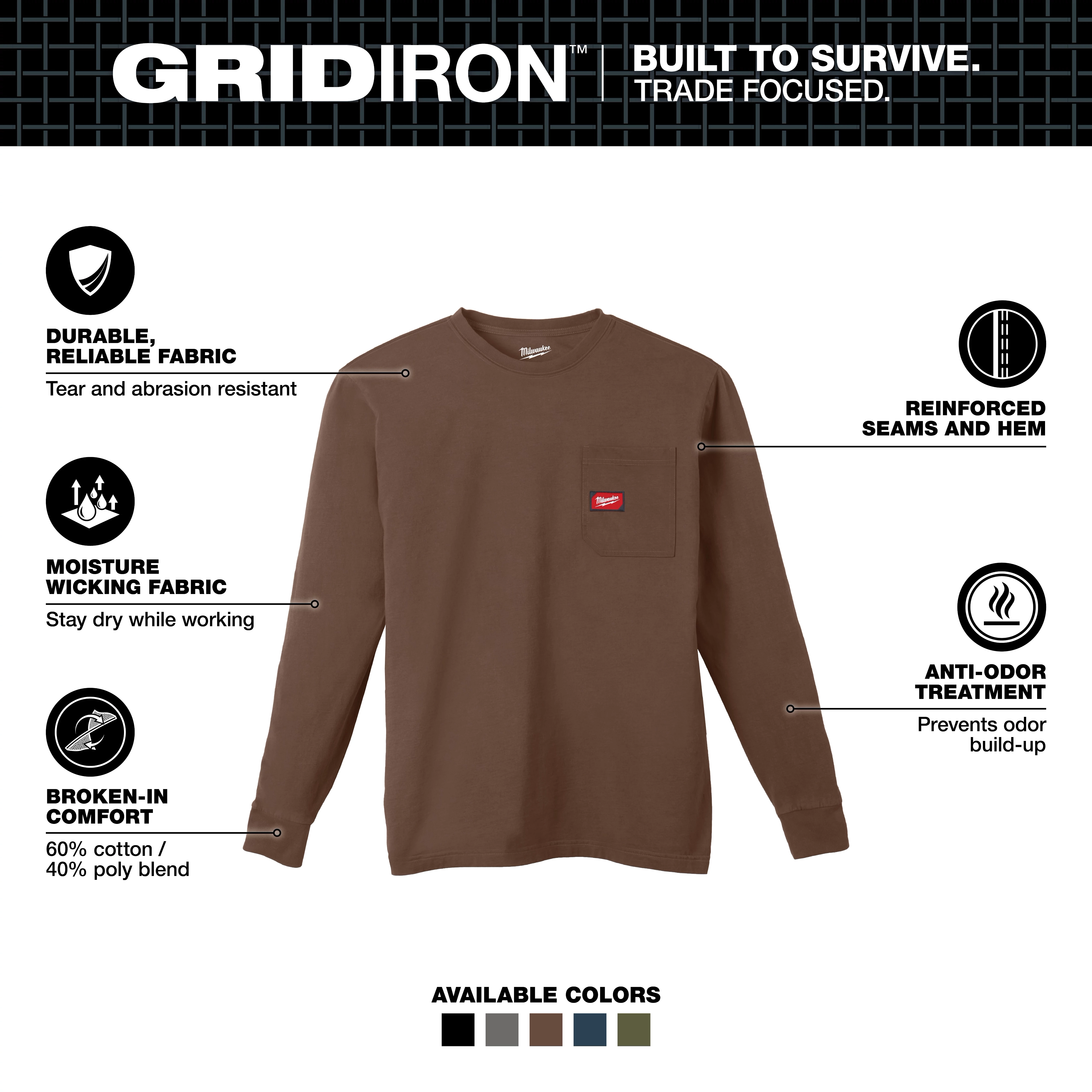 GRIDIRON Pocket T-Shirt - Long Sleeve in brown with reinforced seams, moisture-wicking fabric, anti-odor treatment, and broken-in comfort.