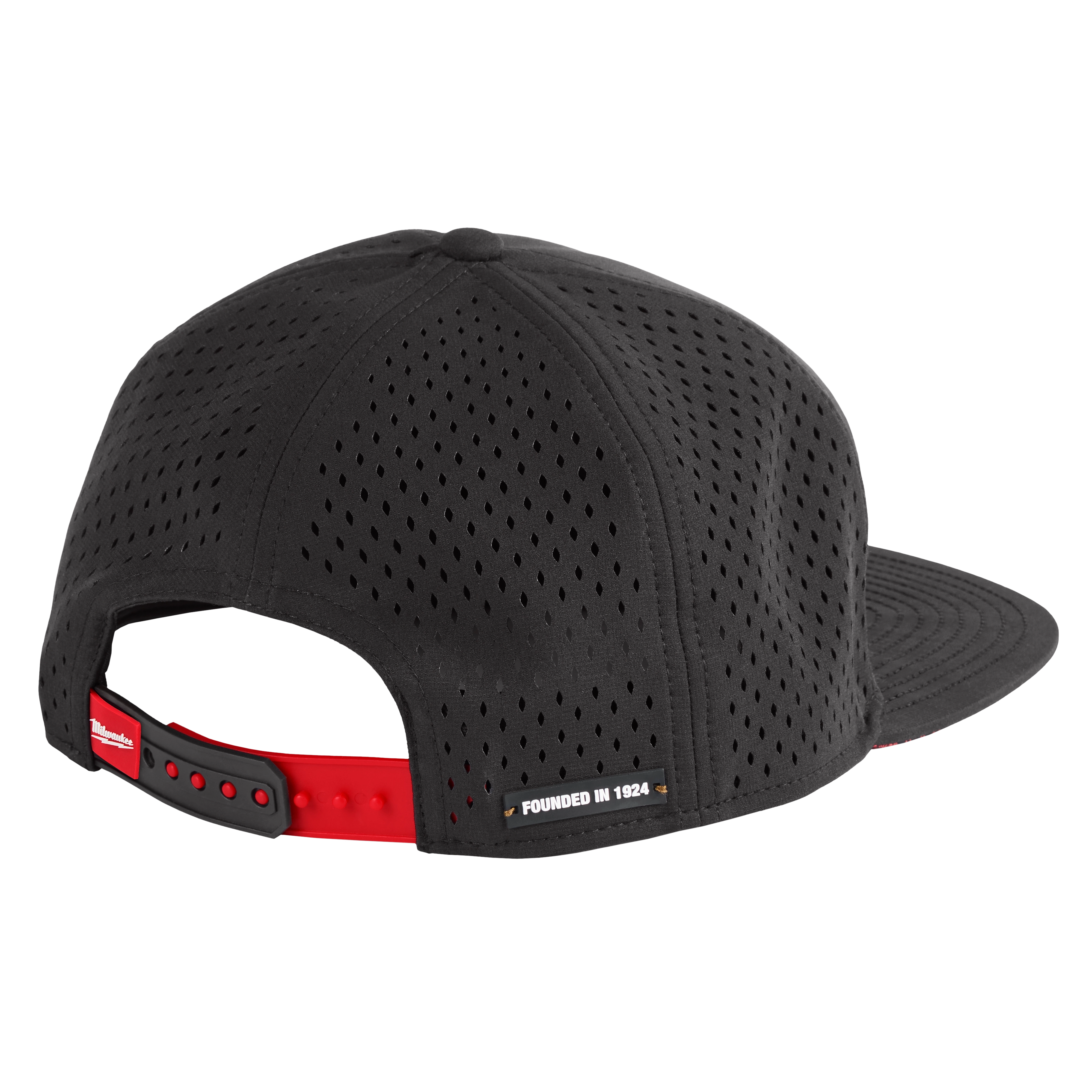 Flat Brim Snapback hat in black with perforated fabric and a red adjustable strap. Text on the back reads "FOUNDED IN 1924."