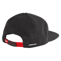 Flat Brim Snapback hat in black with perforated fabric and a red adjustable strap. Text on the back reads "FOUNDED IN 1924."