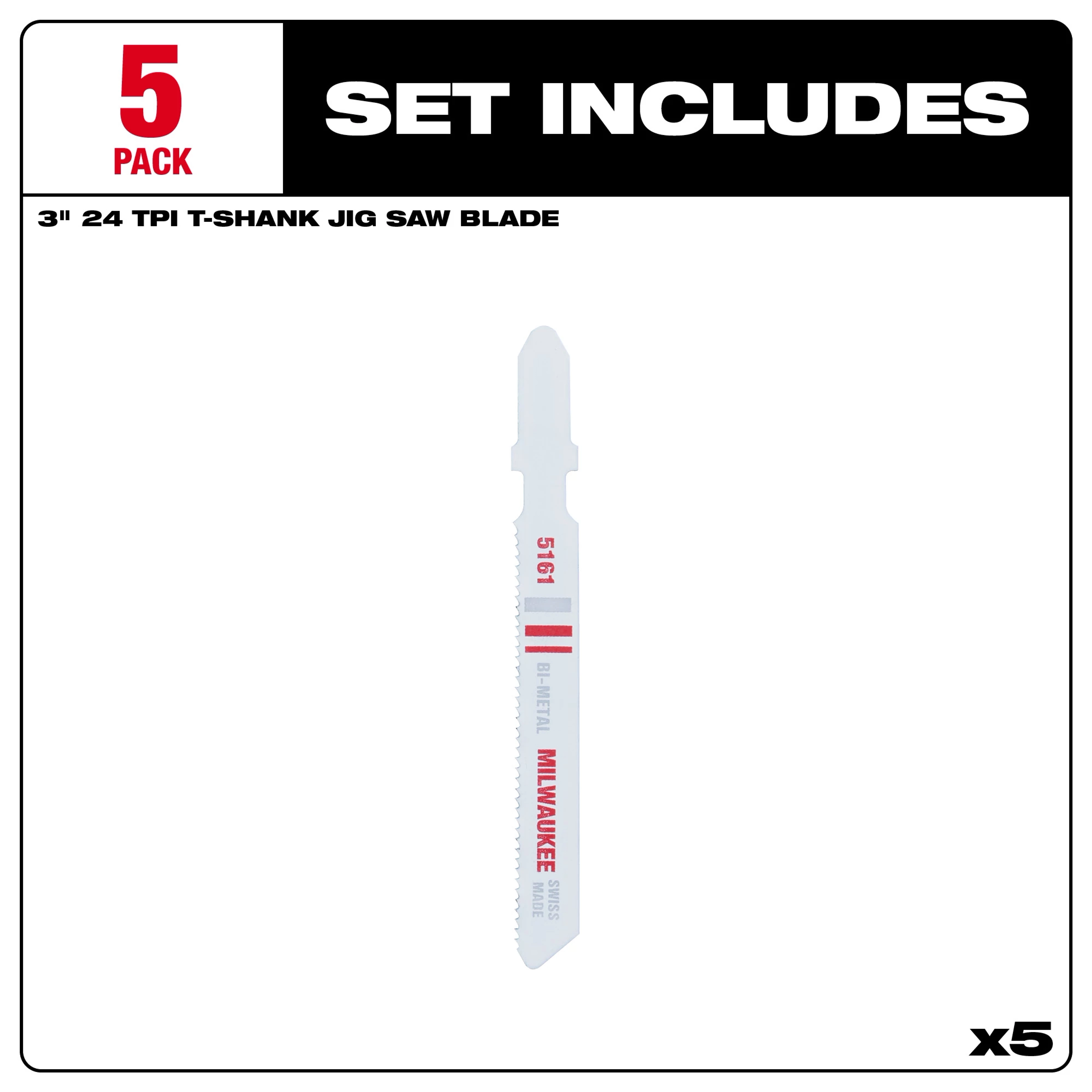 5-pack of 3-inch 24 TPI T-Shank Metal Cutting Bi-Metal Jig Saw Blades. White blades with red text and black set includes label.