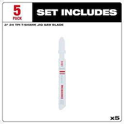 5-pack of 3-inch 24 TPI T-Shank Metal Cutting Bi-Metal Jig Saw Blades. White blades with red text and black set includes label.