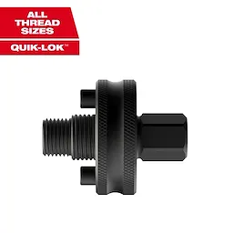 The image displays the black Hole Enlargement Thread Adapter for QUIK-LOK™ Arbors, with a hexagonal end and threaded connector. The central section features a textured grip. The QUIK-LOK™ logo is positioned in the top-left corner on a white background.