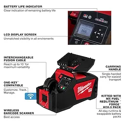 The MX FUEL™ Electrofusion Processor is equipped with a battery life indicator, LCD display screen, interchangeable fusion cable, and One-Key™ compatibility. It also features a carrying handle, wireless barcode scanner, and MX FUEL™ REDLITHIUM™ FORGE™ XC6.0 PACK.