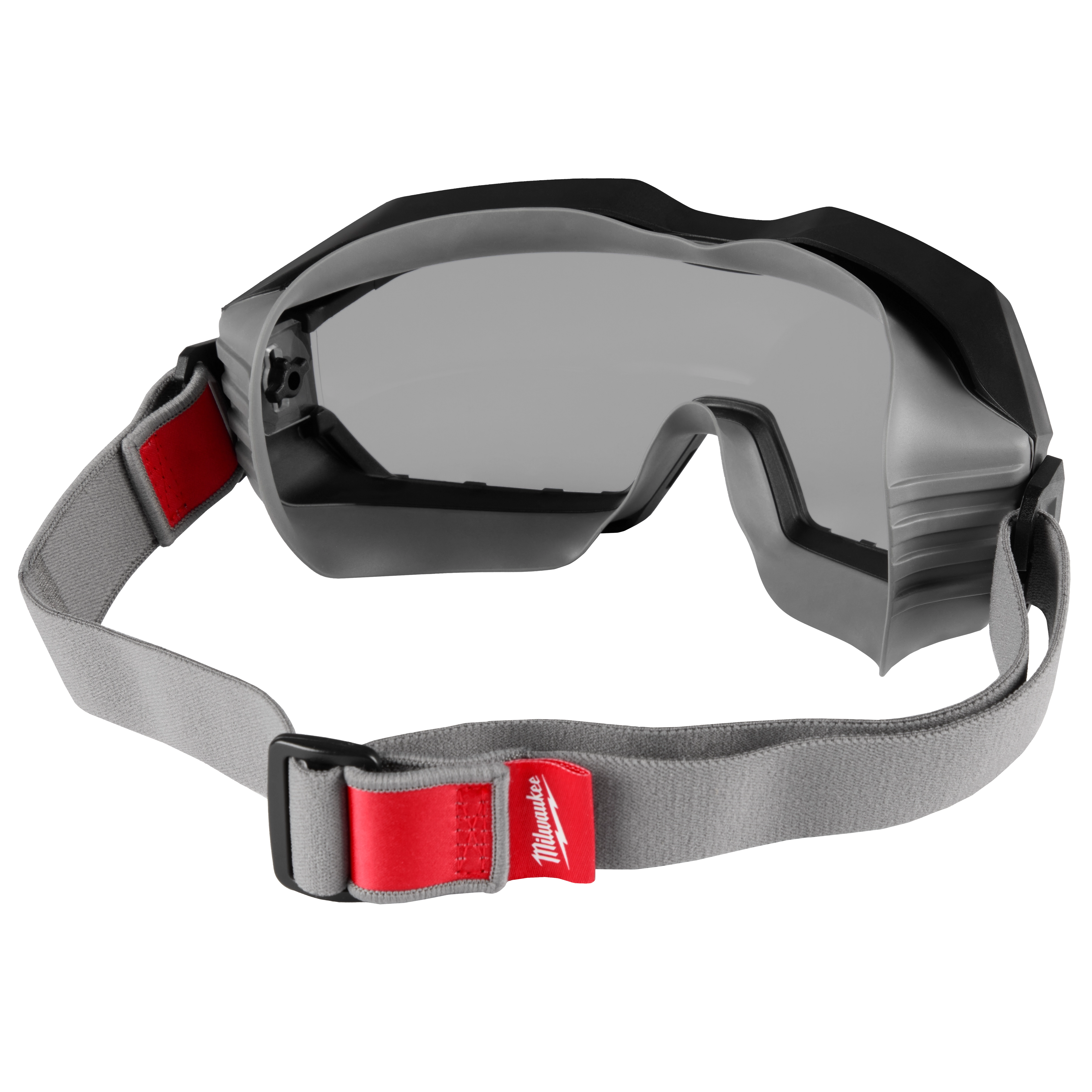Non-Vented Goggles - Gray Dual Coat Lens with a gray adjustable strap and a red tag stitched onto the strap.