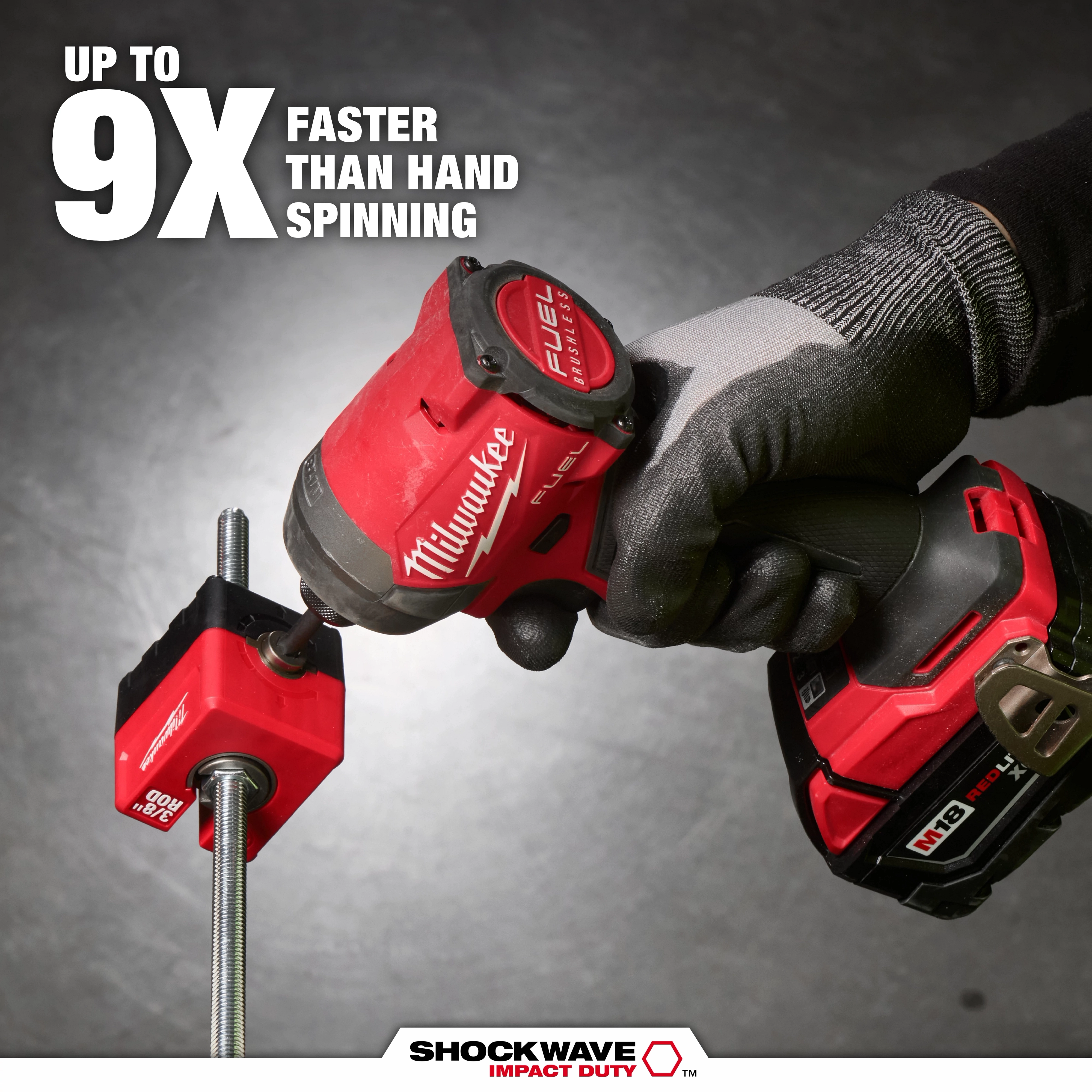 The SHOCKWAVE™ Impact Duty 3/8" Threaded Rod Nut Runner is shown in use with a Milwaukee power tool on a threaded rod. The image highlights the product's efficiency with text claiming it is "Up to 9X faster than hand spinning." Gloved hands operate the tool.