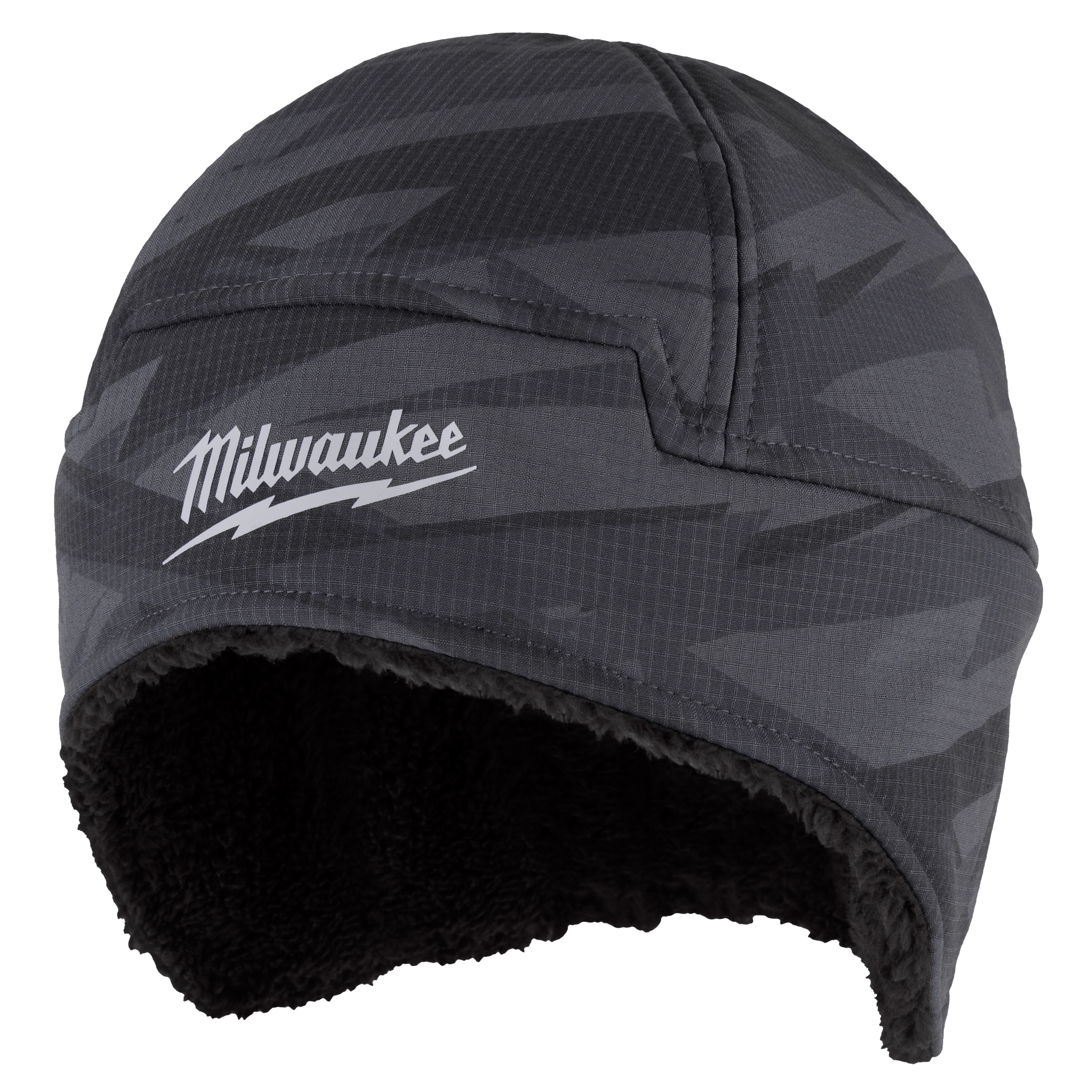 Milwaukee Sherpa-Lined Beanie in dark grey with a camo pattern and black fleece lining, featuring the Milwaukee logo.