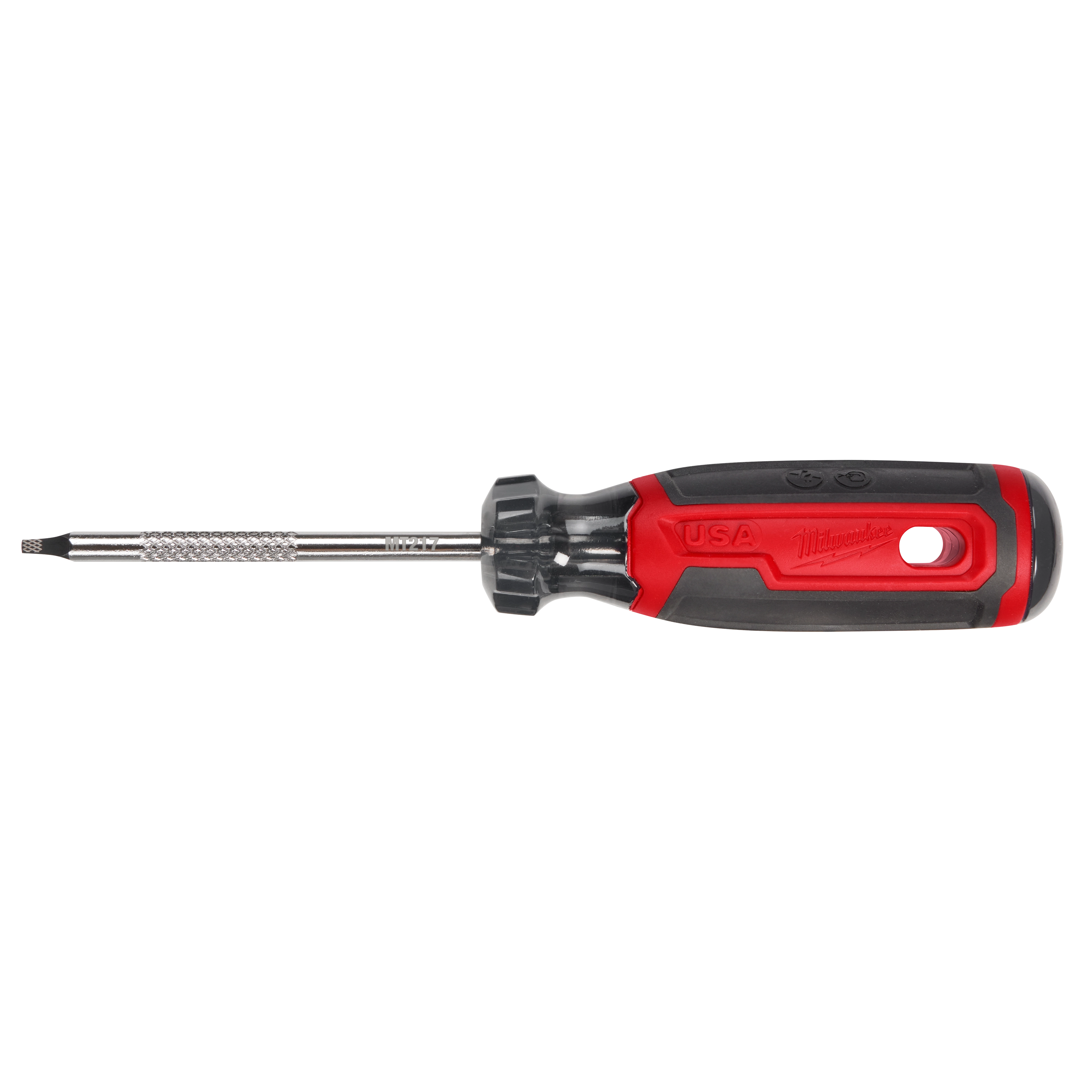 The #1 Square 3" Cushion Grip Screwdriver (USA) features a black and red handle with a cushioned grip and a silver square-tipped shaft. The handle has an ergonomic design for comfort and includes a loop for hanging. The product is made in the USA.