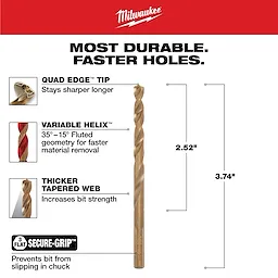 Milwaukee 7/32 in. Cobalt Red Helix Twist Drill Bit features a Quad Edge tip for durability, a Variable Helix for faster material removal, and a thicker tapered web for increased bit strength. It measures 3.74 inches in length and includes Secure-Grip to prevent slipping in the chuck.