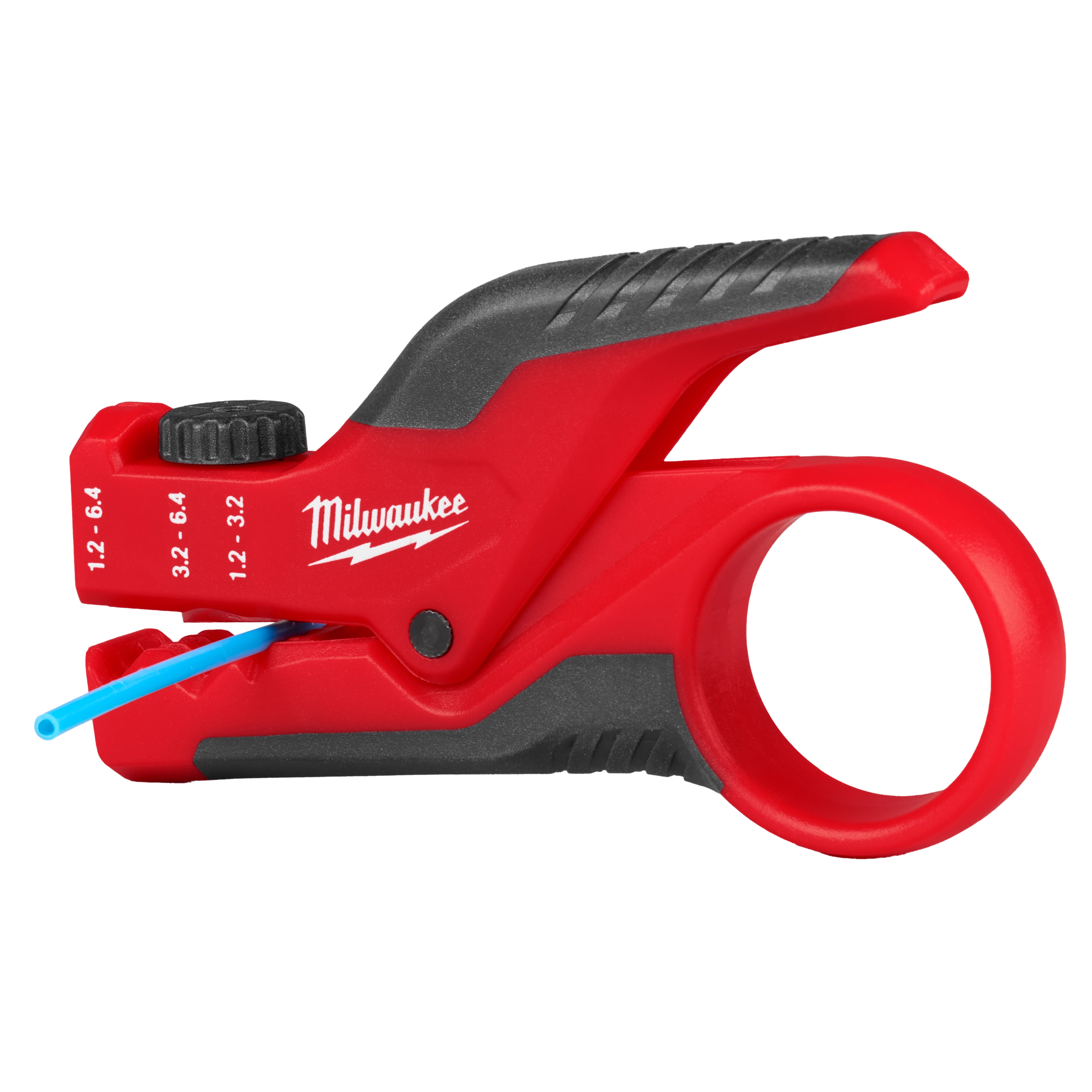 The image shows a Milwaukee Buffer Tube Ringer & Slitter. It's a red and black handheld tool designed for cutting and stripping buffer tubes. The tool has a ring handle, adjustment knob, and markings indicating cutting sizes (12-3.2, 32-6.4, 12-6.4).