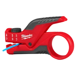 The image shows a Milwaukee Buffer Tube Ringer & Slitter. It's a red and black handheld tool designed for cutting and stripping buffer tubes. The tool has a ring handle, adjustment knob, and markings indicating cutting sizes (12-3.2, 32-6.4, 12-6.4).