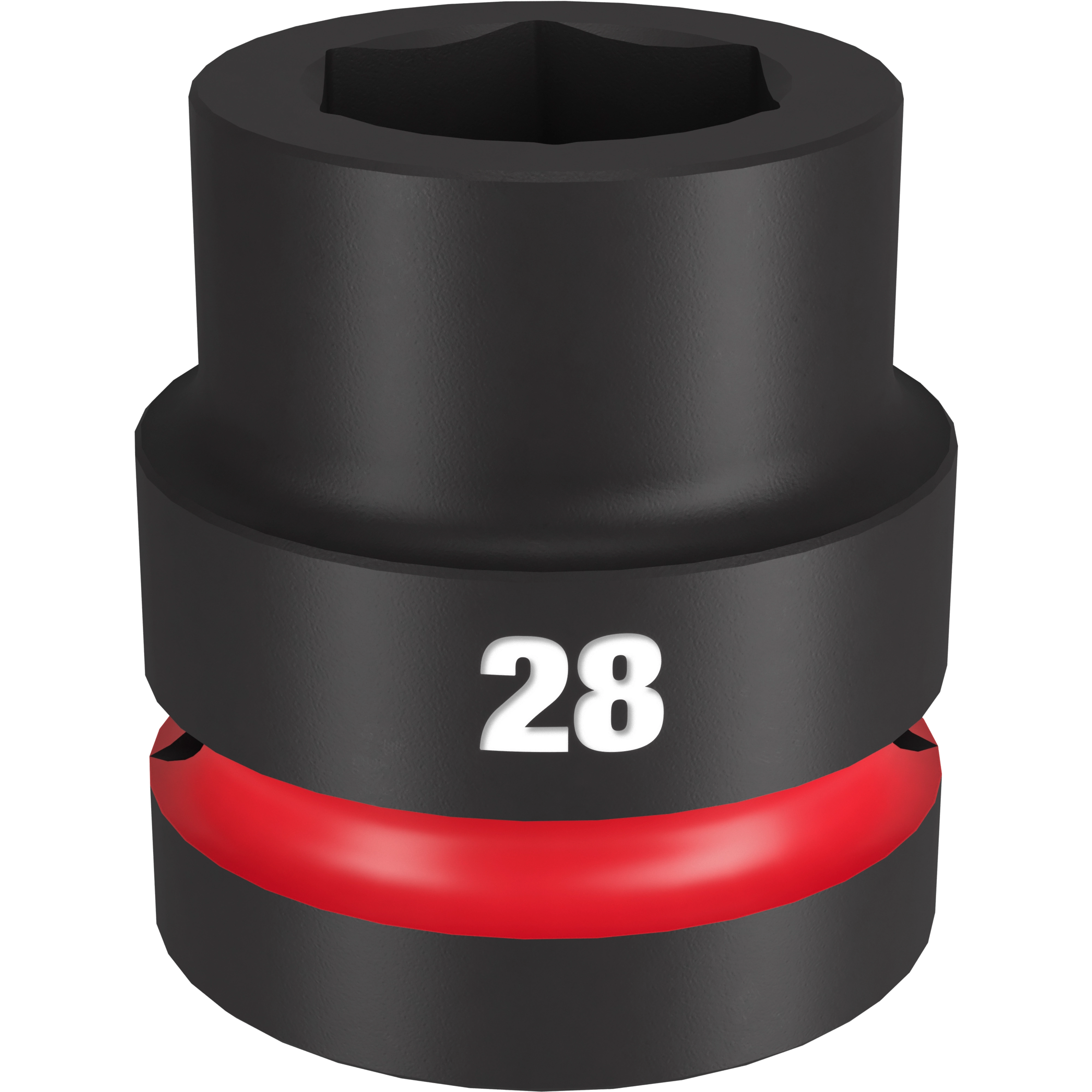 1" DR 28MM STD Impact Socket. The socket is black with a red stripe around its lower section and has the number 28 printed in white on the side. It features a hexagonal opening at the top.