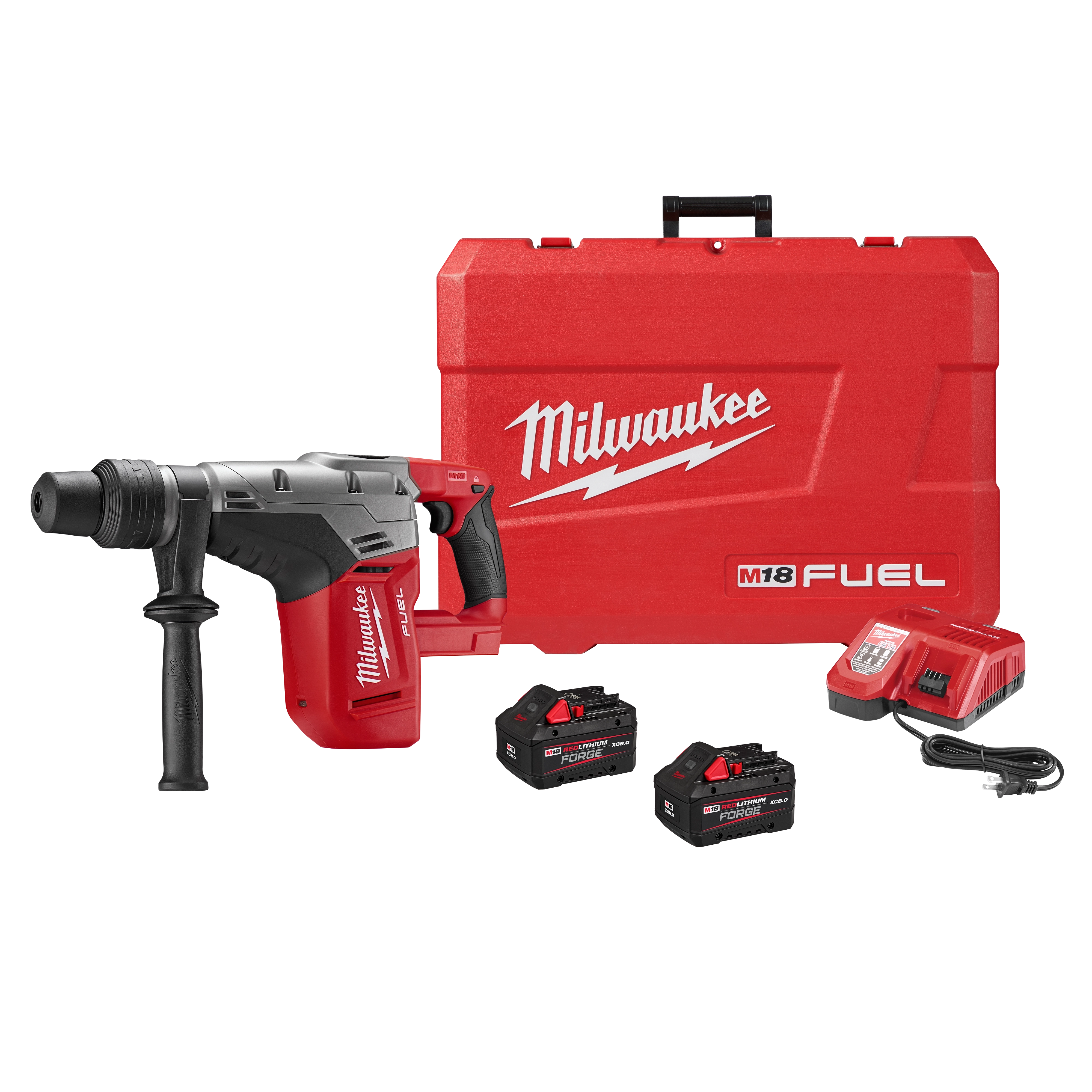 Image of the M18 FUEL 1-9/16 SDS MAX Hammer Drill Primary Image. Includes a hammer drill, two batteries, a charger, and a red carrying case labeled "Milwaukee M18 FUEL."