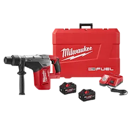 Image of the M18 FUEL 1-9/16 SDS MAX Hammer Drill Primary Image. Includes a hammer drill, two batteries, a charger, and a red carrying case labeled "Milwaukee M18 FUEL."