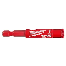3/8" Diamond Grit Hole Saw from Milwaukee, featuring a red body with a hex shank and diamond-coated cutting edge.